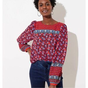 LOFT Border Floral Peasant Blouse - flowy boho style - red + blue floral XS
